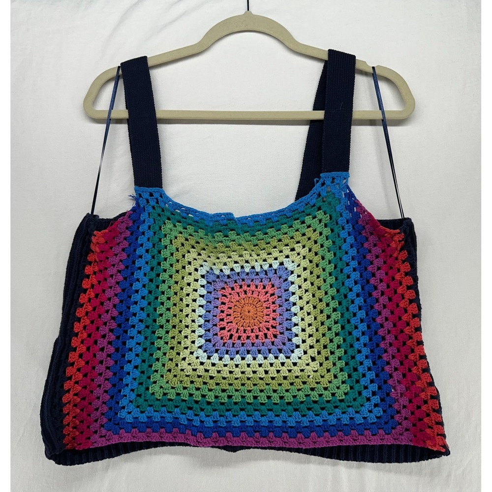 Pistola Rainbow Crochet Granny Square Knit Tank Top Navy Blue Ribbed Back Large